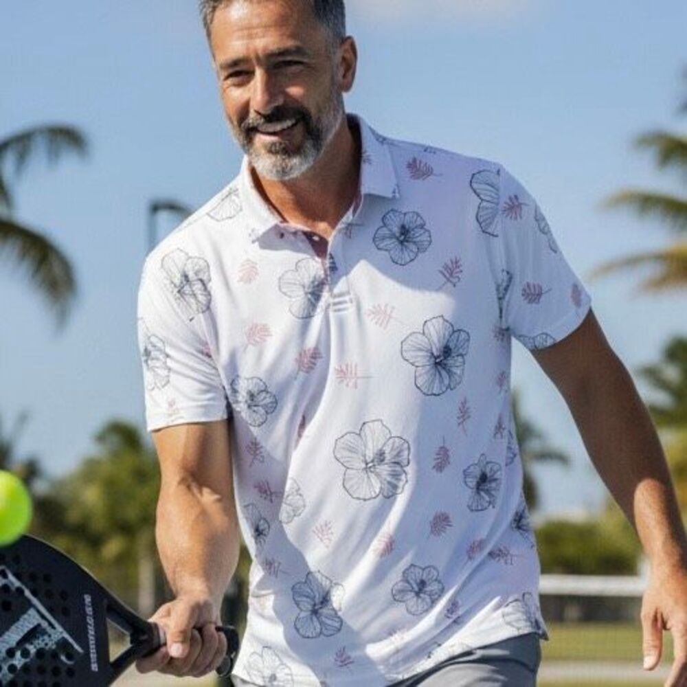 Swannies Floral Print Performance Golf Polo Mens Large White Pink Crest Sleeve